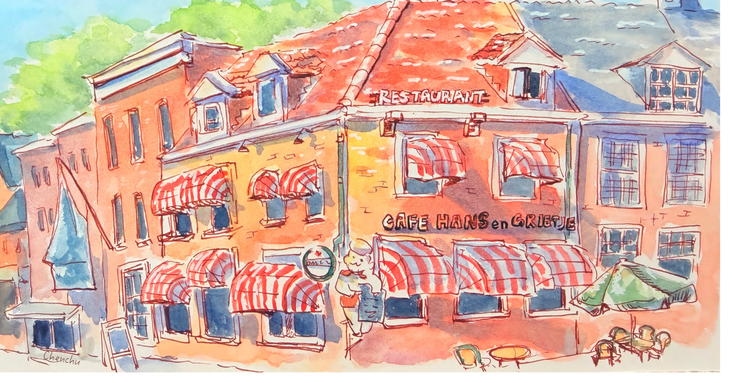 Watercolor panorama of Café Hans en Grietje in Amsterdam with red and white striped awnings